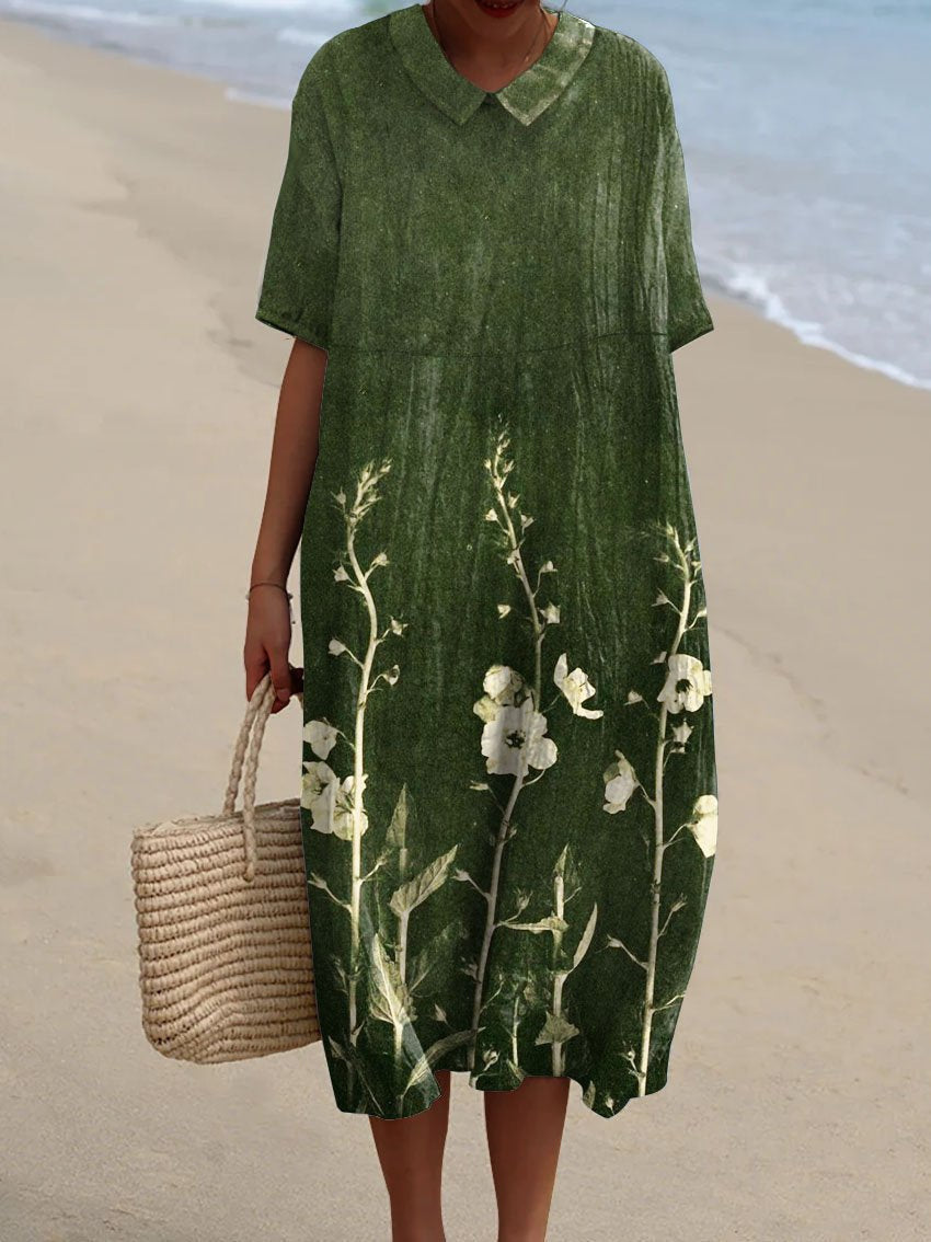 Vestito estivo a fiori da donna midi con scollo a V e manica corta, da mare - Verde