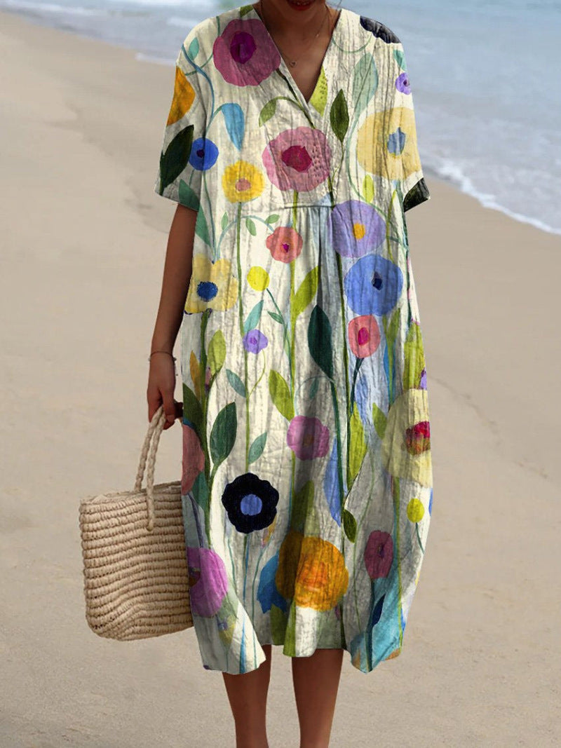 Vestito estivo a fiori da donna midi con scollo a V e manica corta, da mare - Verde chiaro