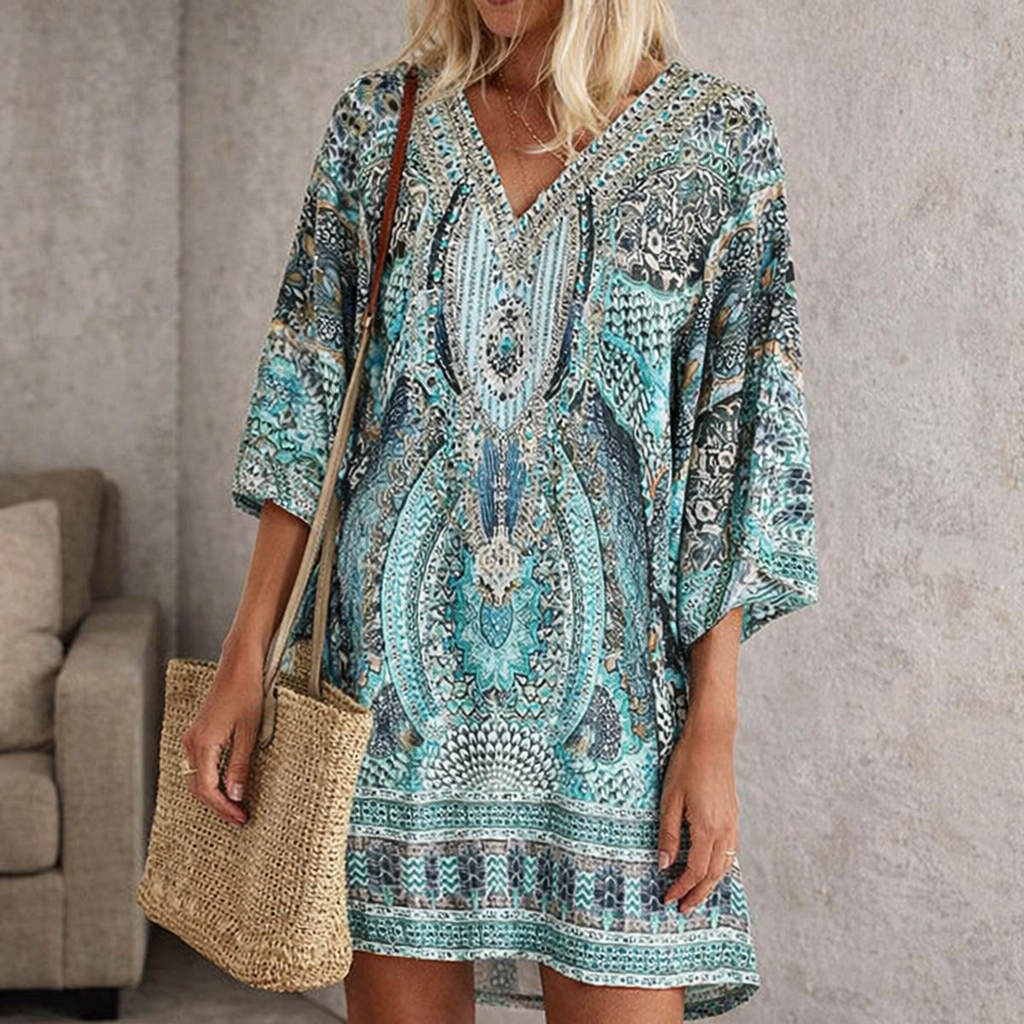 Vestito estivo da donna con scollo a V e maniche a 3/4, abito corto boho da spiaggia a fiori - Blu