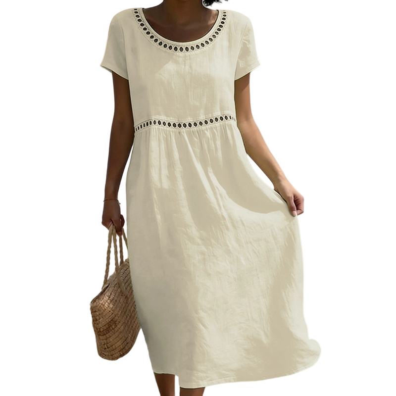 Vestito estivo midi da donna a manica corta con pizzo, effetto lino e linea ad A - Beige