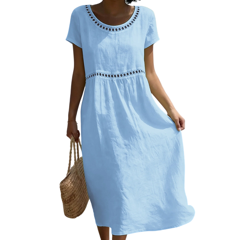 Vestito estivo midi da donna a manica corta con pizzo, effetto lino e linea ad A - Blu