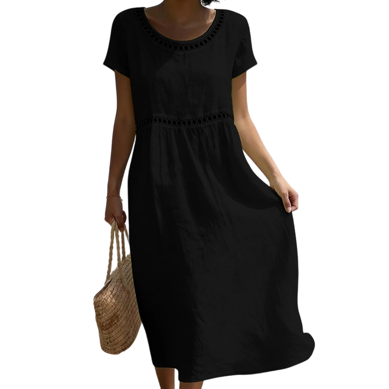 Vestito estivo midi da donna a manica corta con pizzo, effetto lino e linea ad A - Nero