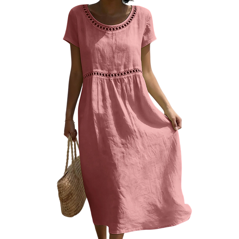 Vestito estivo midi da donna a manica corta con pizzo, effetto lino e linea ad A - Rosa