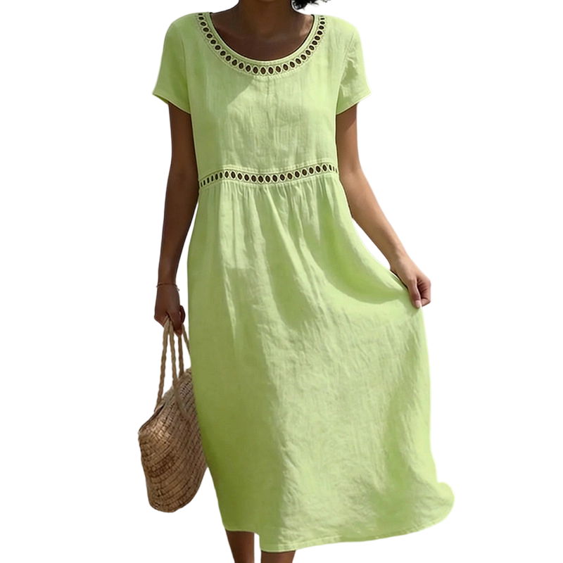 Vestito estivo midi da donna a manica corta con pizzo, effetto lino e linea ad A - Verde