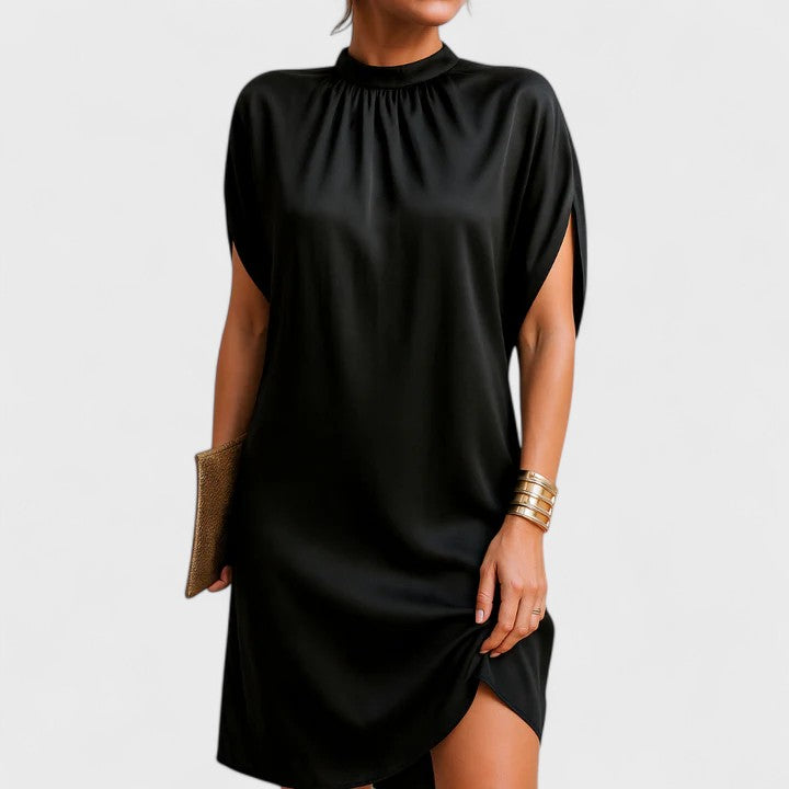 Vestito in raso da donna con collo alto e manica corta, elegante abito da cocktail, da sera e da festa - Nero
