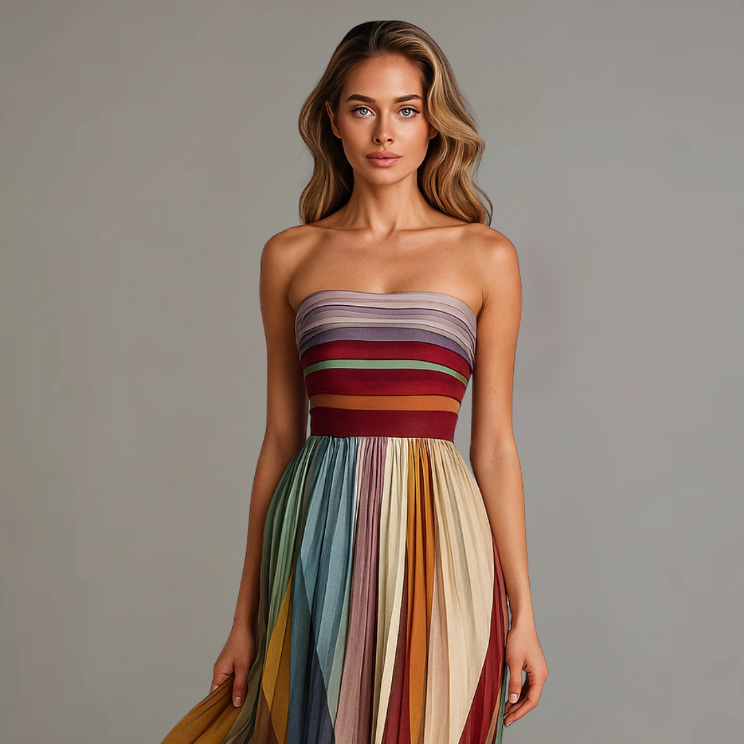 Vestito lungo da donna a righe, senza spalline, elegante per cerimonia e sera - view 2