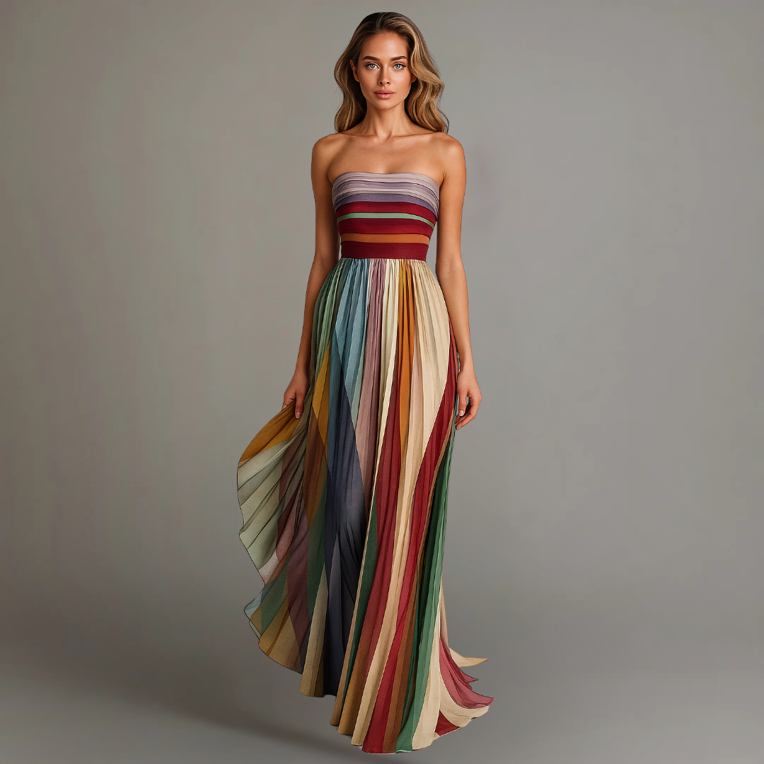 Vestito lungo da donna a righe, senza spalline, elegante per cerimonia e sera - Multicolore