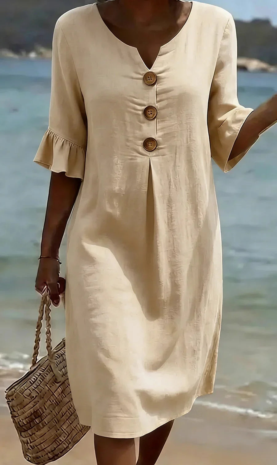 Vestito midi da donna effetto lino con scollo a V, bottoni in legno e maniche a balze, estivo e da mare - Albicocca