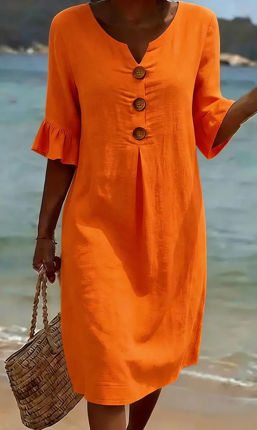 Vestito midi da donna effetto lino con scollo a V, bottoni in legno e maniche a balze, estivo e da mare - Arancione
