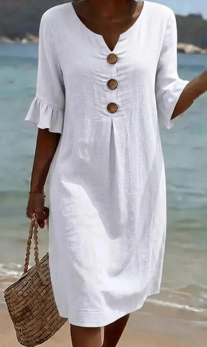Vestito midi da donna effetto lino con scollo a V, bottoni in legno e maniche a balze, estivo e da mare - Bianco
