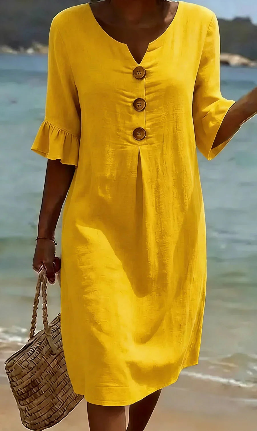 Vestito midi da donna effetto lino con scollo a V, bottoni in legno e maniche a balze, estivo e da mare - Giallo