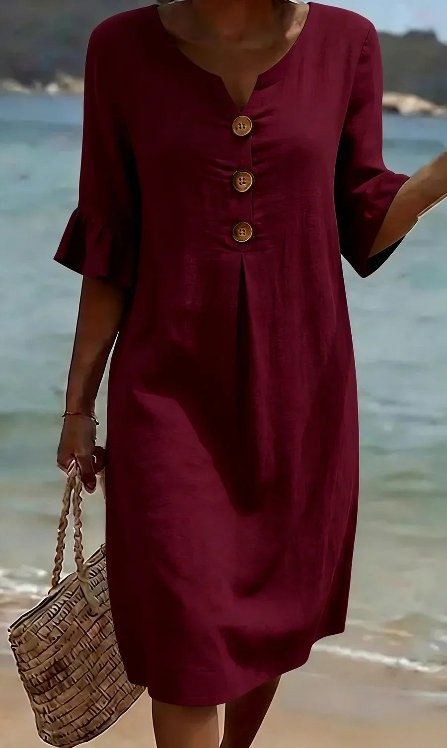 Vestito midi da donna effetto lino con scollo a V, bottoni in legno e maniche a balze, estivo e da mare - Rosso scuro