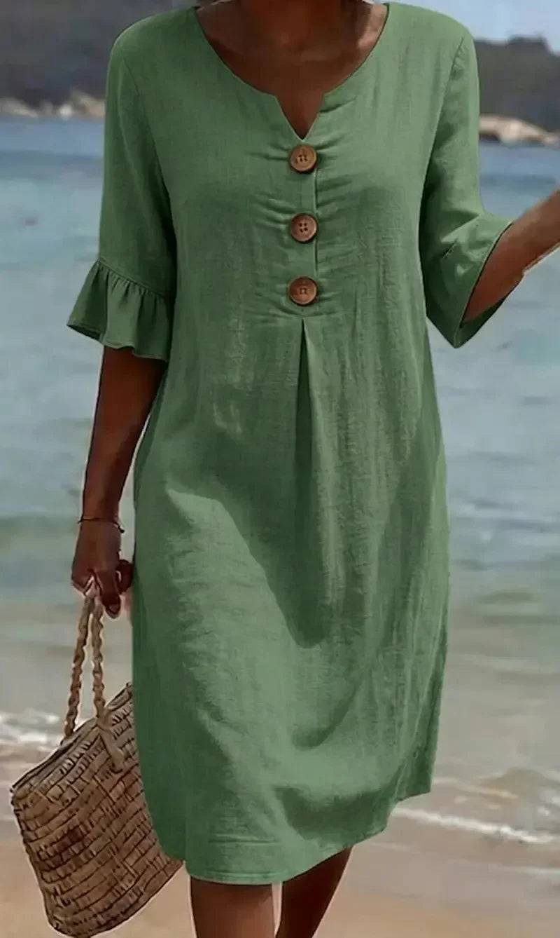 Vestito midi da donna effetto lino con scollo a V, bottoni in legno e maniche a balze, estivo e da mare - Verde